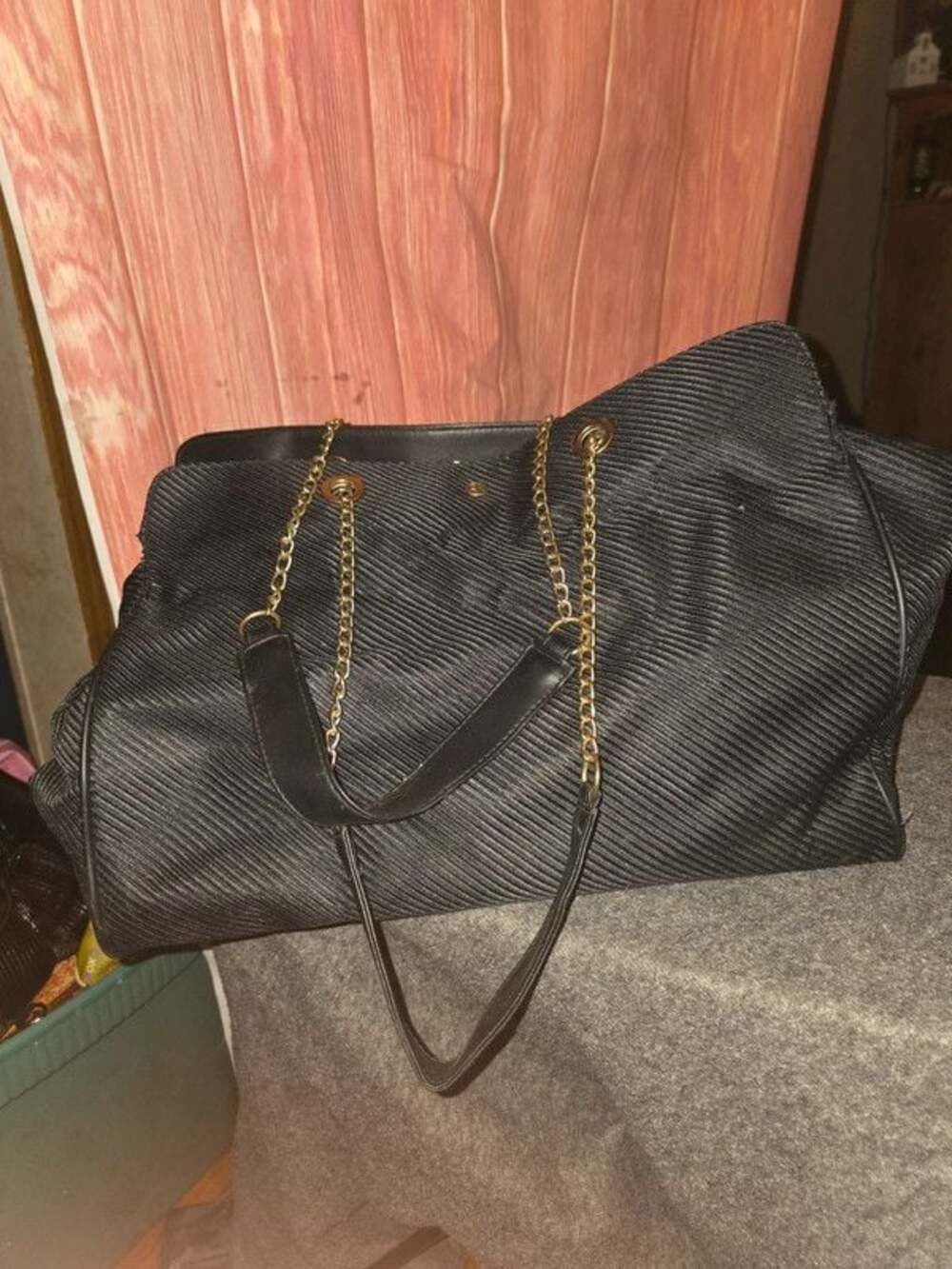 Vintage Elizabeth Arden Black Corduroy Tote Bag Gold Chain Shoulder Straps EA Bu